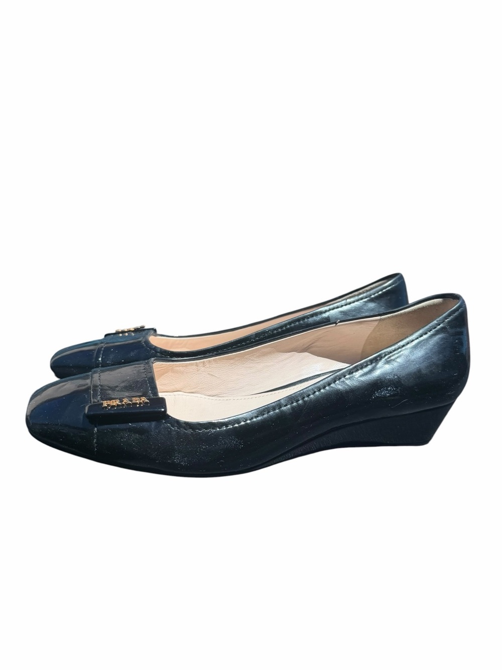 Prada Patent Leather Kitten Wedge Pumps Black Logo Heels EU 37.5 Authentic - Picture 4 of 11